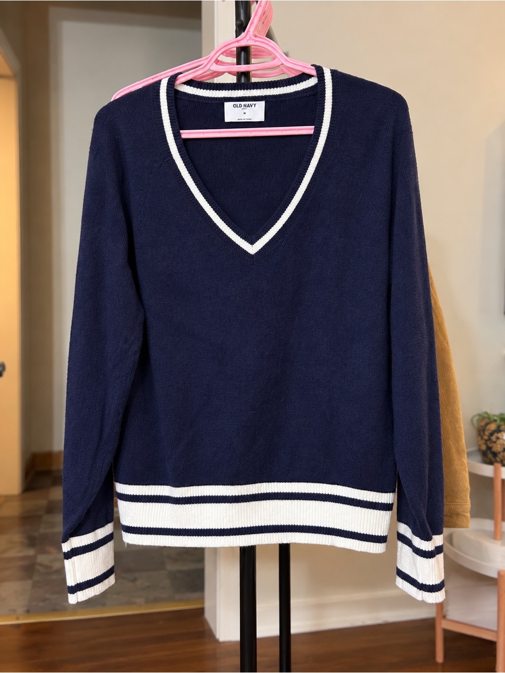 Old Navy Navy V-Neck Sweater with White Striped Trim
